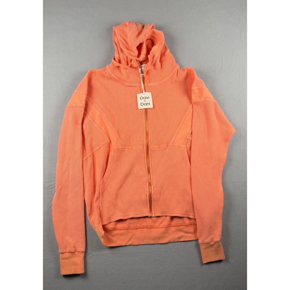 NEW Davi & Dani Women Coral Orange Waffle Knit Zip Up Hoodie Thumbhole DJ40060 S